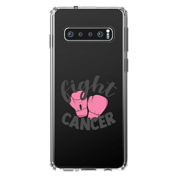 DistinctInk Clear Shockproof Hybrid Case for Samsung Galaxy S10 (6.1" Screen) - TPU Bumper Acrylic Back Tempered Glass Screen Protector - Pink Ribbon Cancer - Fight Boxing Gloves