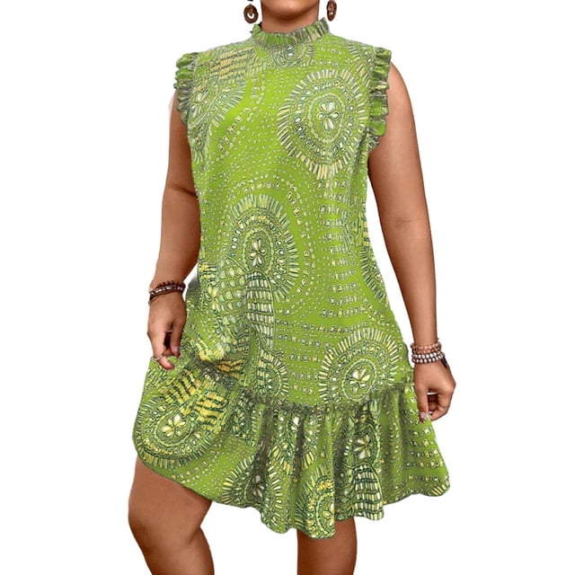 RXMEKW Robe Décontractée pour Femmes avec Imprimé Patchwork et Manches Volantées, Robe Midi Style Vacances Grande Taille pour le Printemps et l'Été