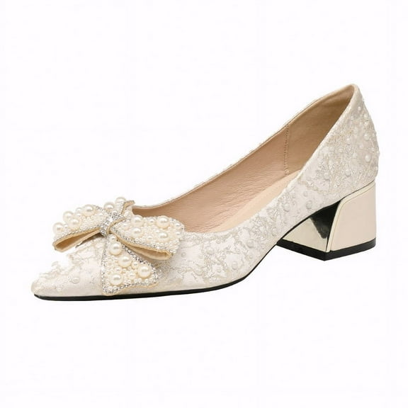 Womens Pearl Rhinestone Low Chunky Heels Slip On Pumps Shiny Pointed Toe Wedding Dress Shoes for Party Wedding Dating