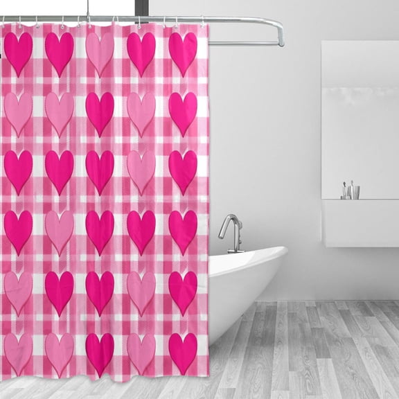 Hot Pink Plaids with Hearts Valentine Shower Curtains with 12 Hooks Waterproof Bathroom Decor 66" x 72"