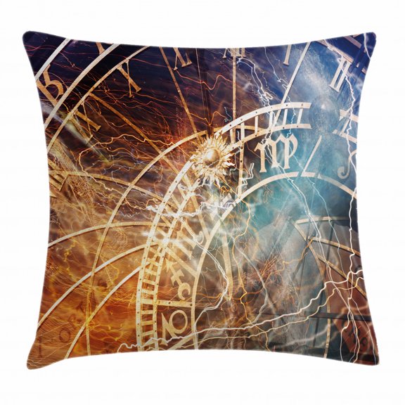 Astrology Throw Pillow Cushion Cover, Travel Decor Ancient Old Town Prague Horoscope Clock Czech Republic Art Print, Decorative Square Accent Pillow Case, 16 X 16 Inches, Multicolor, by Ambesonne