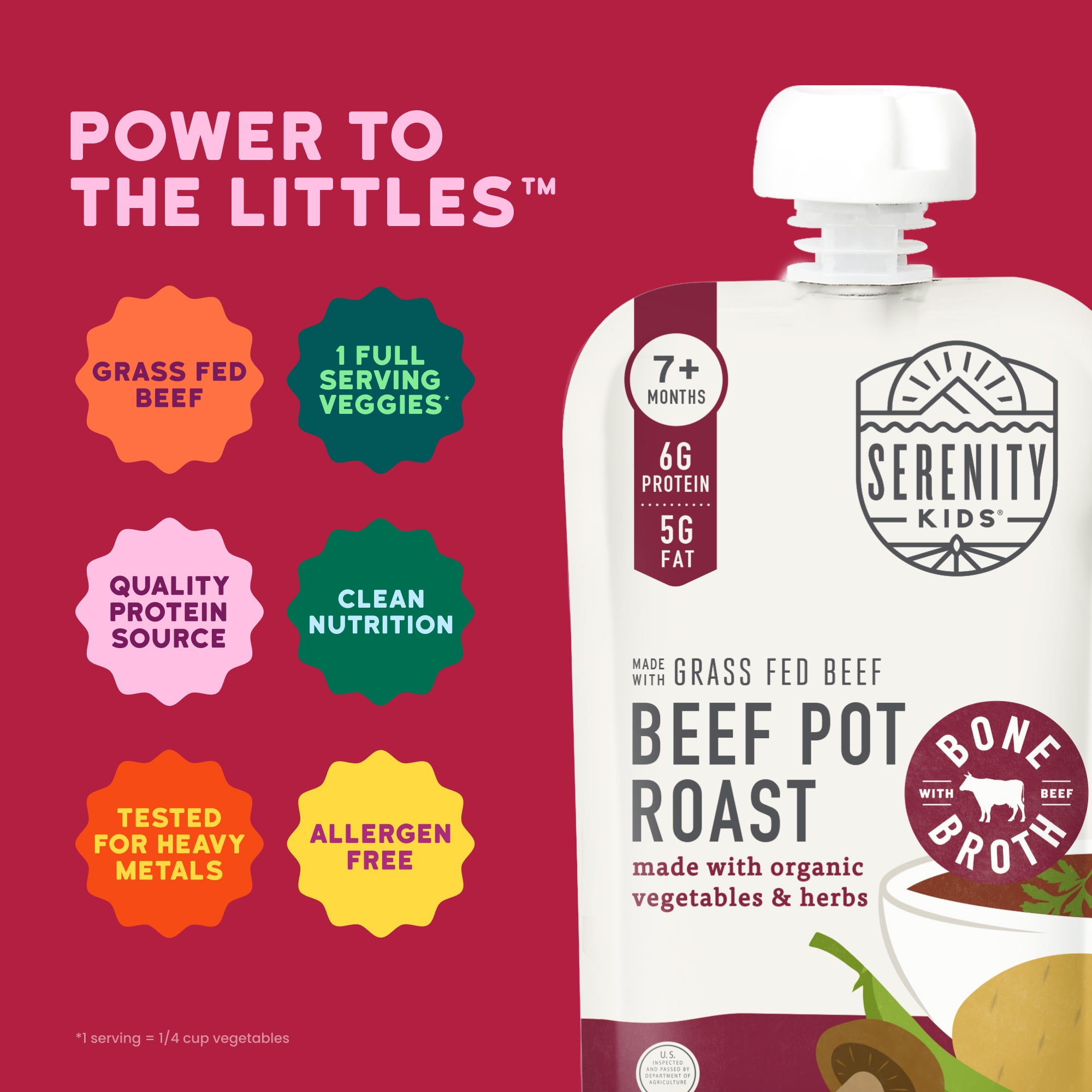 (12 pack) Serenity Kids Grass Fed Beef Pot Roast Stage 2 Baby Food Organic Veggies Herbs & Bone Broth, 3.5oz Pouch