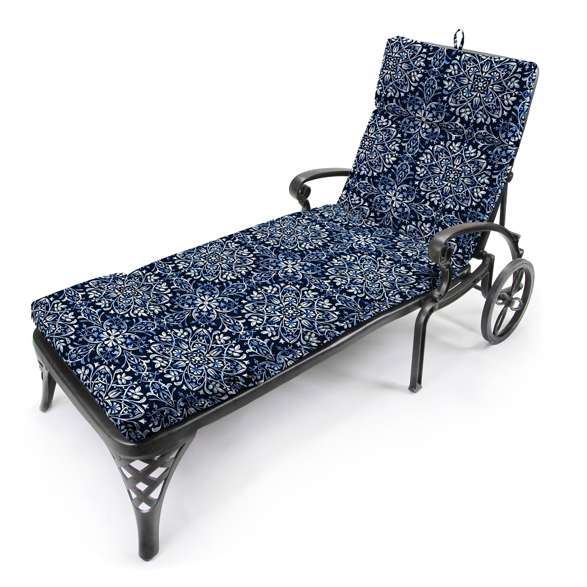 Jordan Manufacturing 72" x 22" Dresden Midnight Navy Damask Rectangular Outdoor Chaise Lounge Cushion with Ties and Hanger Loop