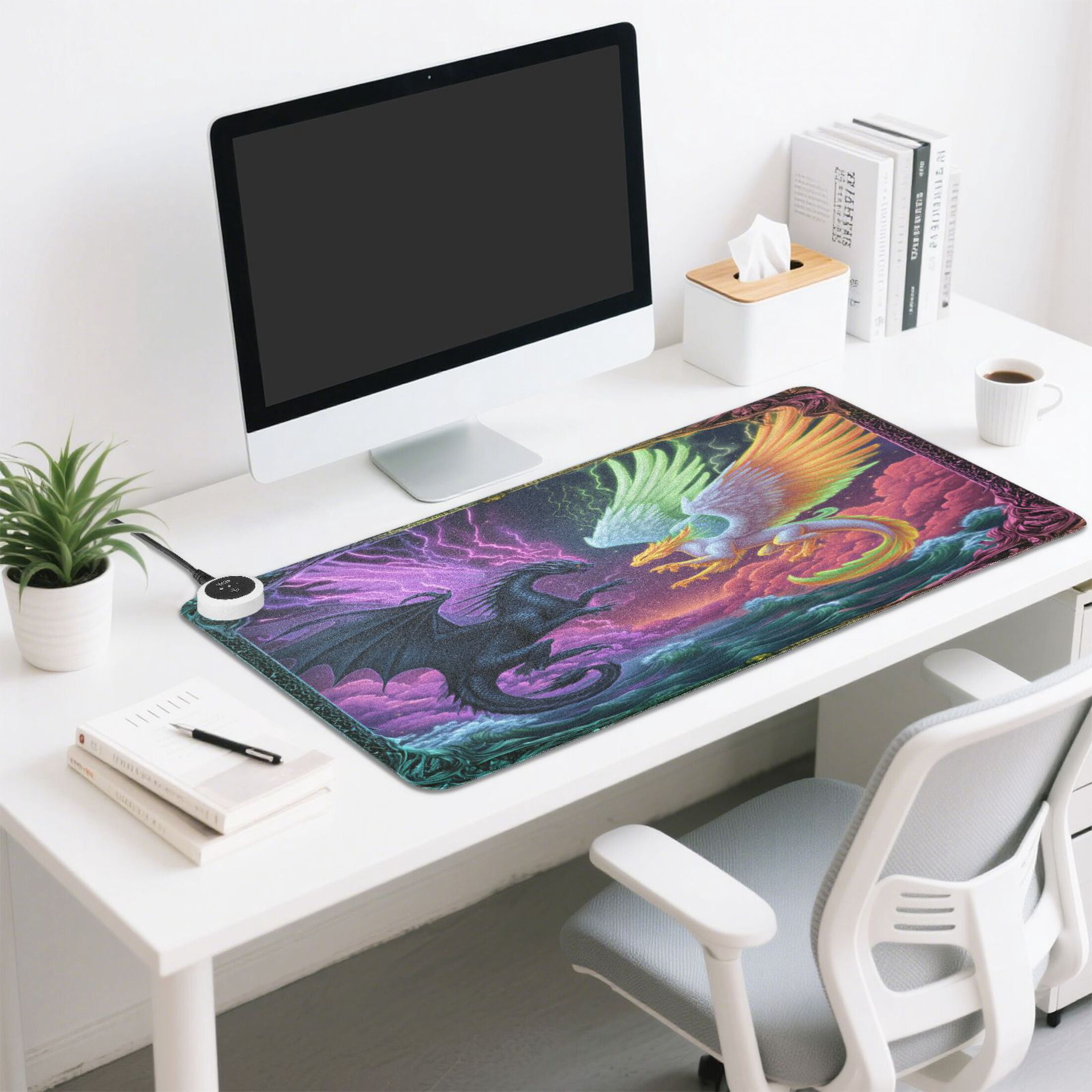 Large Heated Desk Mat Mouse Pad 31.5"x13"PU Leather Graphene Heating Desk Warmer with 3 Temperature Settings 110V US Plug Non-Slip Warm Pad for Home, Office, and Gaming Magic Dragon Game Card