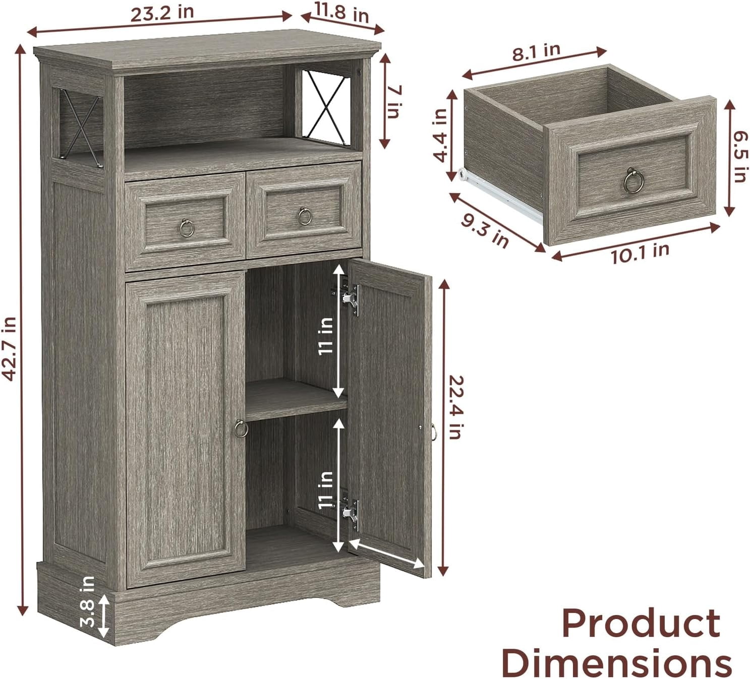 Vabches 42.72"H Kitchen Pantry Storage Cabinet with 2 Drawers & 2 Doors, Vintage Floor Cabinet with Adjustable Shelves and Open Shelves for Kitchen,Living Room,Home Office