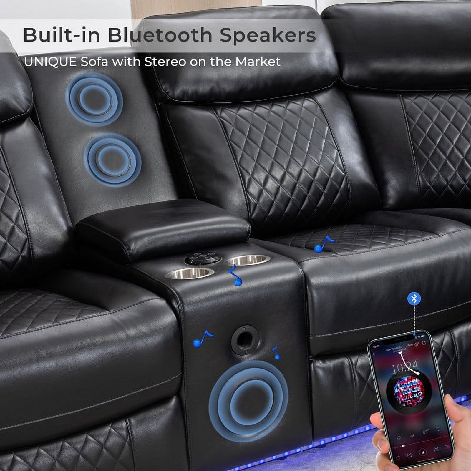 Comfort Stretch 5 Seats Power Recliner Sofa Sets with Speaker,Black Faux Leather Reclining Sectional Couch for Living Room Furniture Sets with USB Port,Storage Console,Cup Holders,LED Lights