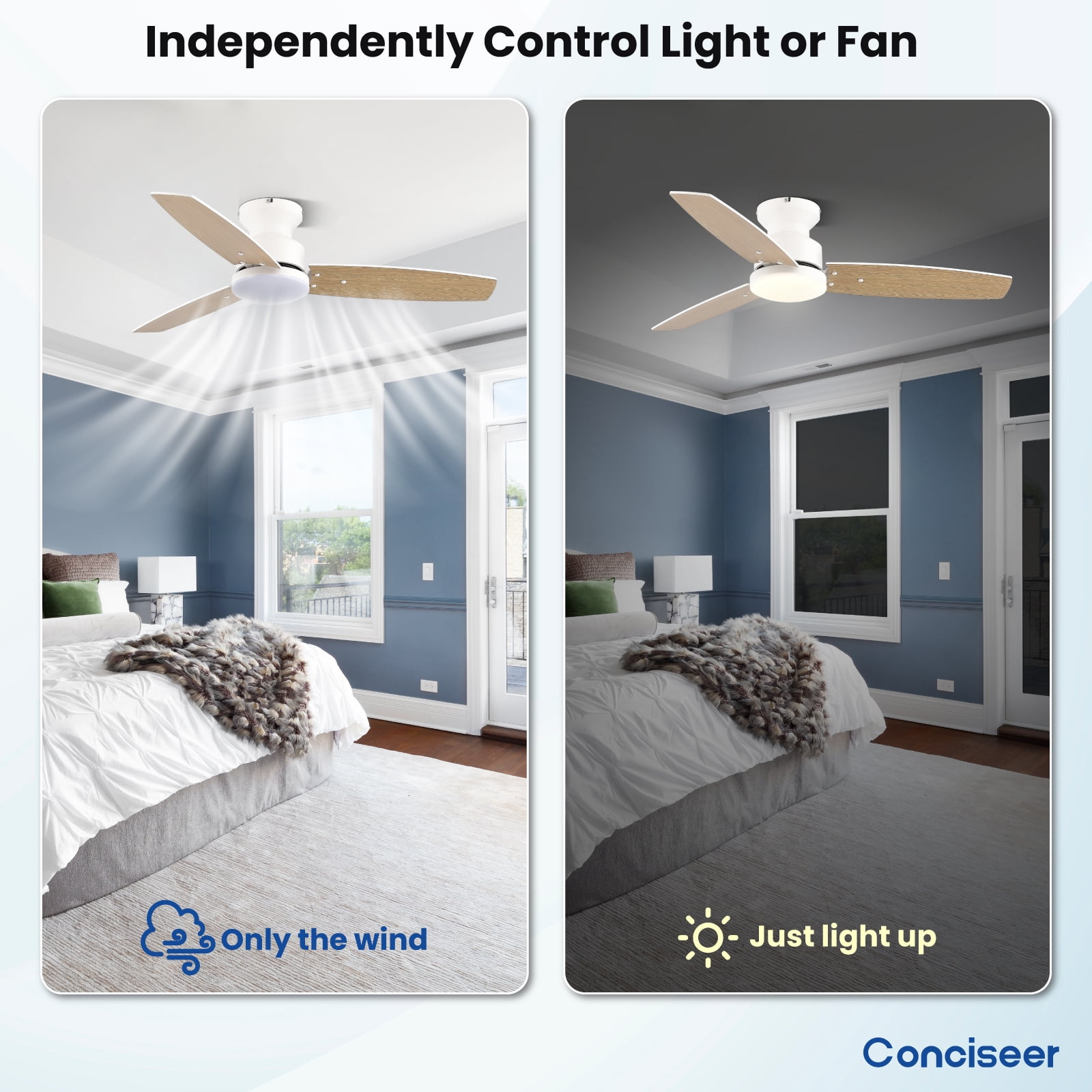 Conciseer 42 Inch Ceiling Fan with Light and Remote, Bedroom Living Room Office Outdoor, Flush Mount, 6CCT Dimmable, 3 Blades 6 Speed Reversible Quiet DC Motor, White/Wood Gr