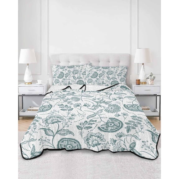 Quilts Full Size, Boho Teal Green Floral Soft Comforter Bedding Set for Bed, Vintage Farmhouse Paisley Leaf Lightweight Quilted Bedspread with Pillow Cover(2 Pieces) for All Season, 78x90 Inch