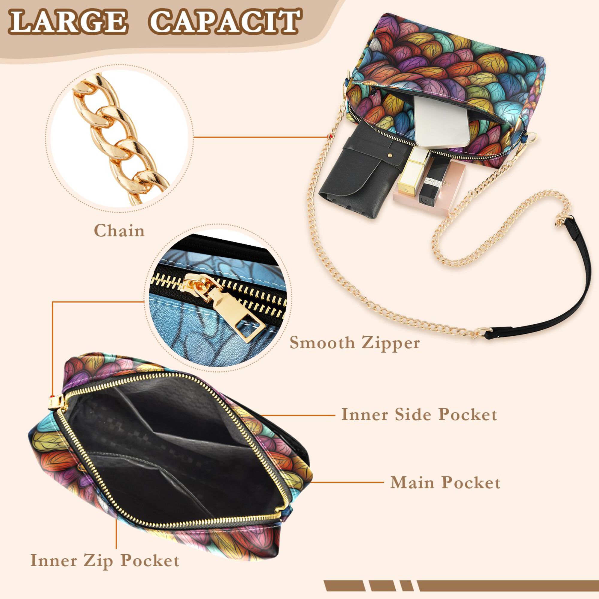 FORMRS Women Crossbody Purse with Chain Strap Vegan Leather Shoulder Handbag, Vibrant Dragon Scales Pattern