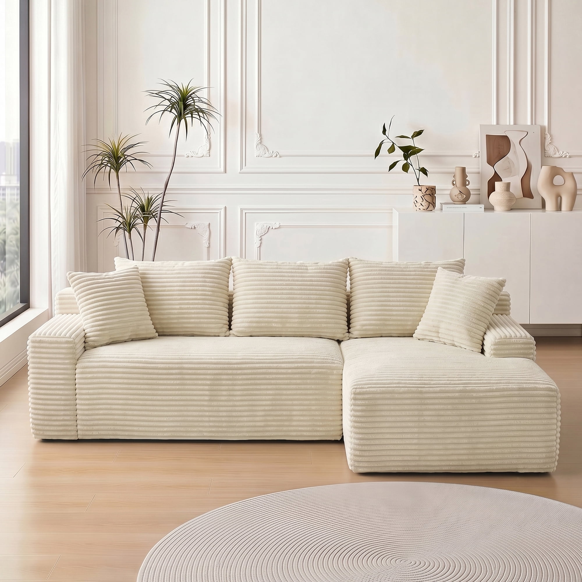 Leumius 95" Boneless Modular Sectional Sofa with Chaise,L-Shaped Comfy Corduroy Couch with Deep Seat,Upholstered Sectional Couch for Living Room, No Assembly,Beige