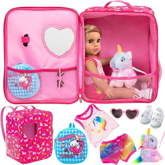 K.T.Fancy 7 PCS American 18 inch Dolls Bag Carrier Set and Accessories Including 18 Inch Doll Clothes, Shoes, Sunglasses, Doll Backpack and Toy Unicorn