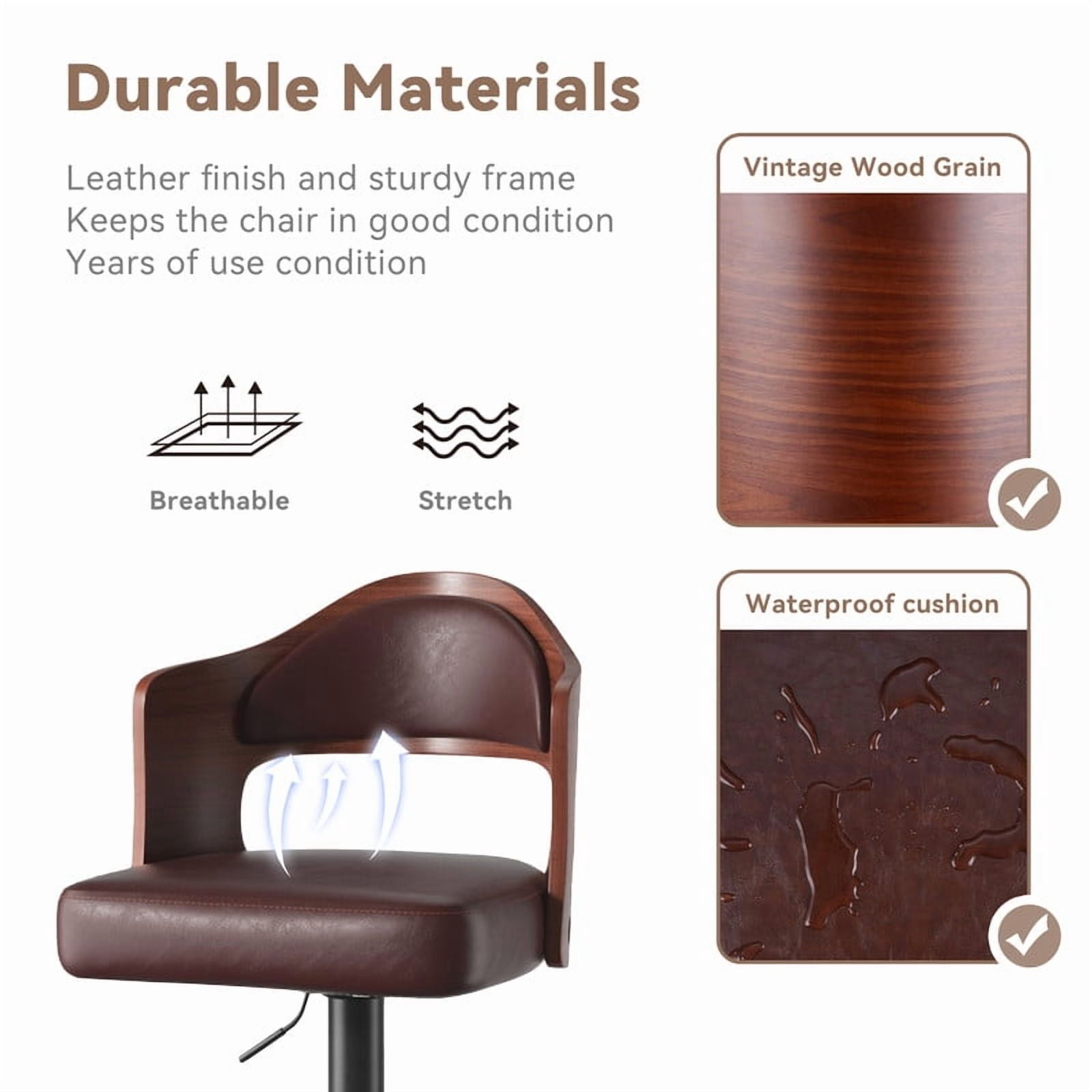 Daluvenix Swivel Bar Stools Set of 4, Wooden Kitchen Bar Chairs with Back, PU Leather Counter Height Barstools for Kitchen Island, Brown