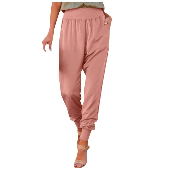 Pants for Womens Ankle Length High-waisted Elastic Waist Trousers Satin Joggers with Pockets Summer Comfy Casual Sweat Pants