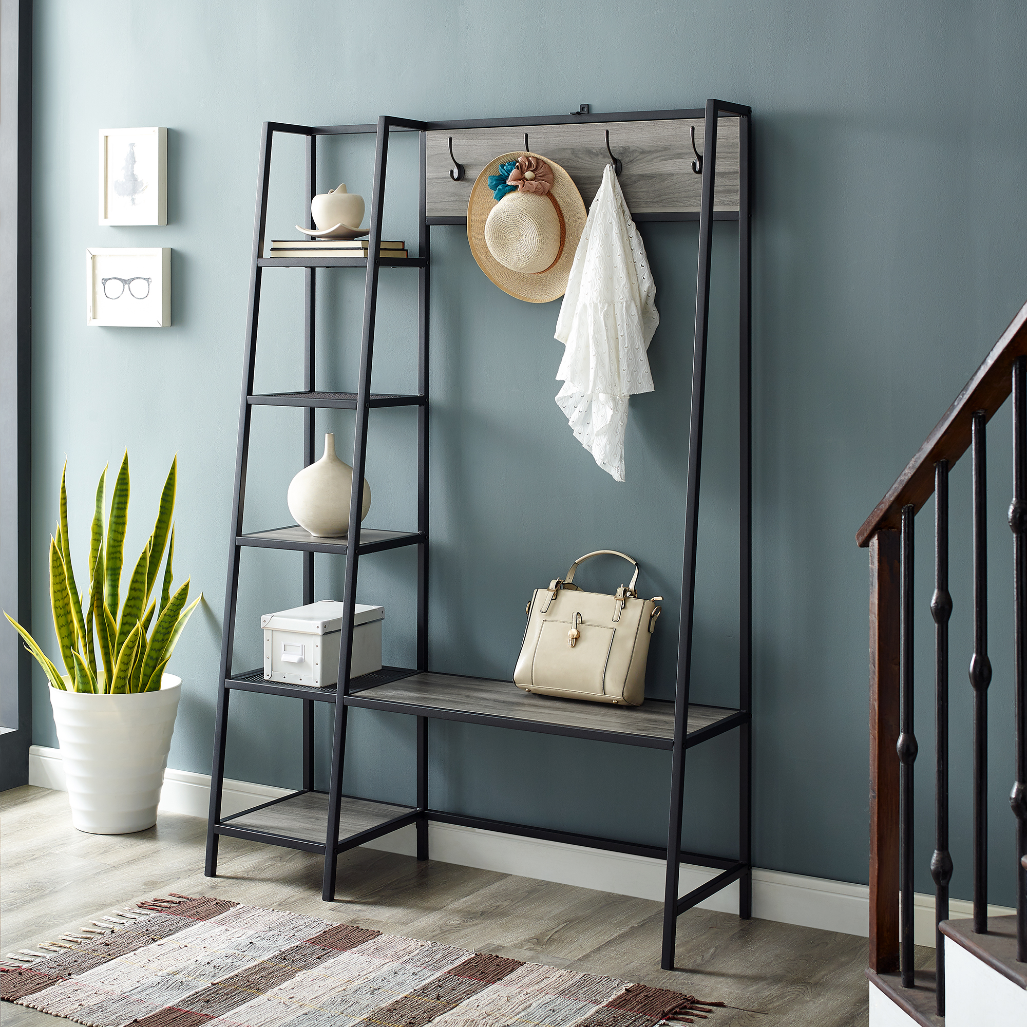 Manor Park Modern Hall Tree with 5Shelves and Bench, Slate Grey
