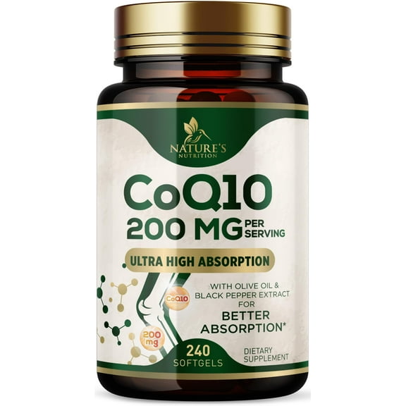 CoQ10 Softgels - Coenzyme Q10 200mg Per Serving - Extra Strength Coenzyme Q10 Supplement - Piperine for Enhanced Absorption - CoQ10 Antioxidant for Heart Health Support - Bottled in USA, 240 Softgels