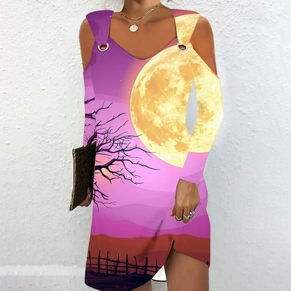 WXLWZYWL Ladies Evening Dresses Casual Halloween Printed Dress Long Sleeve Strapless Dress Fashion Round Neck Suspender Off Shoulder Dress