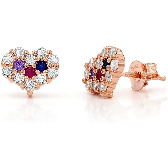 .925 Sterling Silver Gold Plated Rainbow Heart Minimalist Micro Pave Cubic Zirconia, Multi-Color Stud Earrings, Giorgio Bergamo