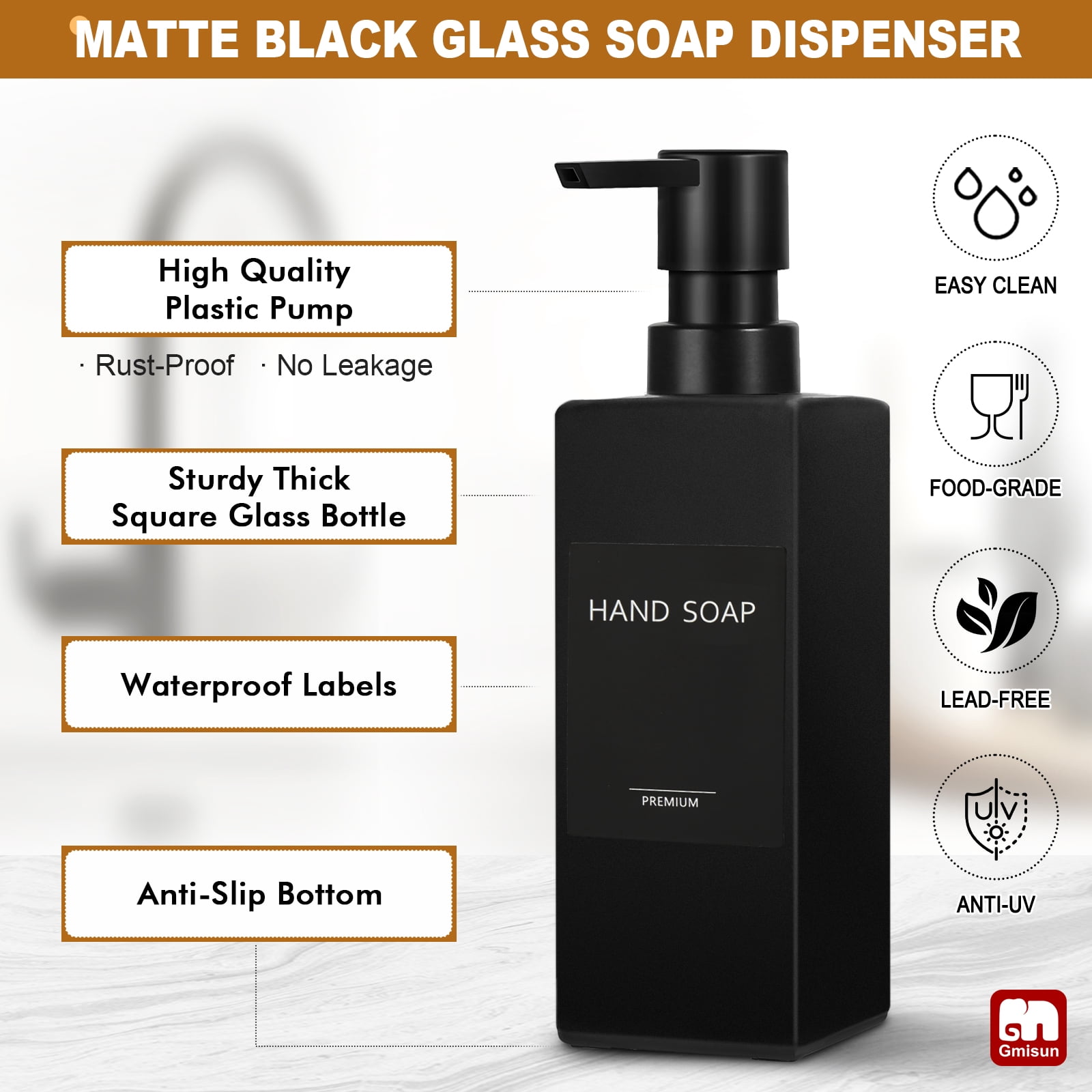 GM GMISUN Dish Soap Dispenser for Kitchen, 12 fl oz/350 ml Kitchen Soap Dispenser with Sponge Holder, Customized Matte Black Kitchen Soap Dispenser Set