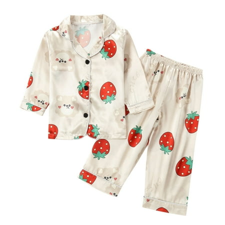 

1-6 Years Toddler Baby Girls Satin Pajamas Set Little Kids PJS Long Sleeve Button Down Sleepwear Loungewear