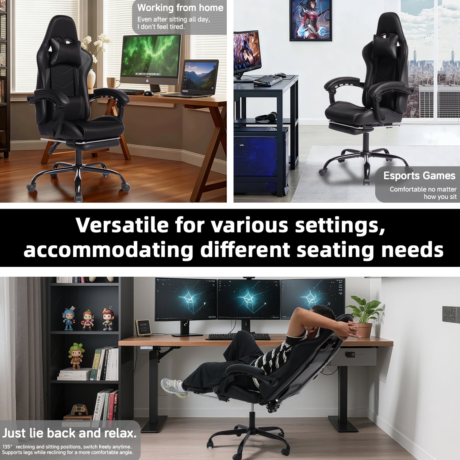 Gaming Chair, E-Sports Racing Chair, Ergonomic Computer Seat with Footrest and Massage, PU Bonded Leather, Moulded Sponge, 135-Degree Recline, 360-Degree Swivel for Office Gaming, Black