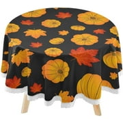 SKYSONIC Maple Leaves Round Tablecloth 60inch Indoor Wrinkle Free, Autumn Pumpkins Circular Lace Table Cover Washable for Kitchen Party BBQ Dining Decor