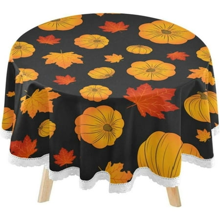 SKYSONIC Maple Leaves Round Tablecloth 60inch Indoor Wrinkle Free, Autumn Pumpkins Circular Lace Table Cover Washable for Kitchen Party BBQ Dining Decor