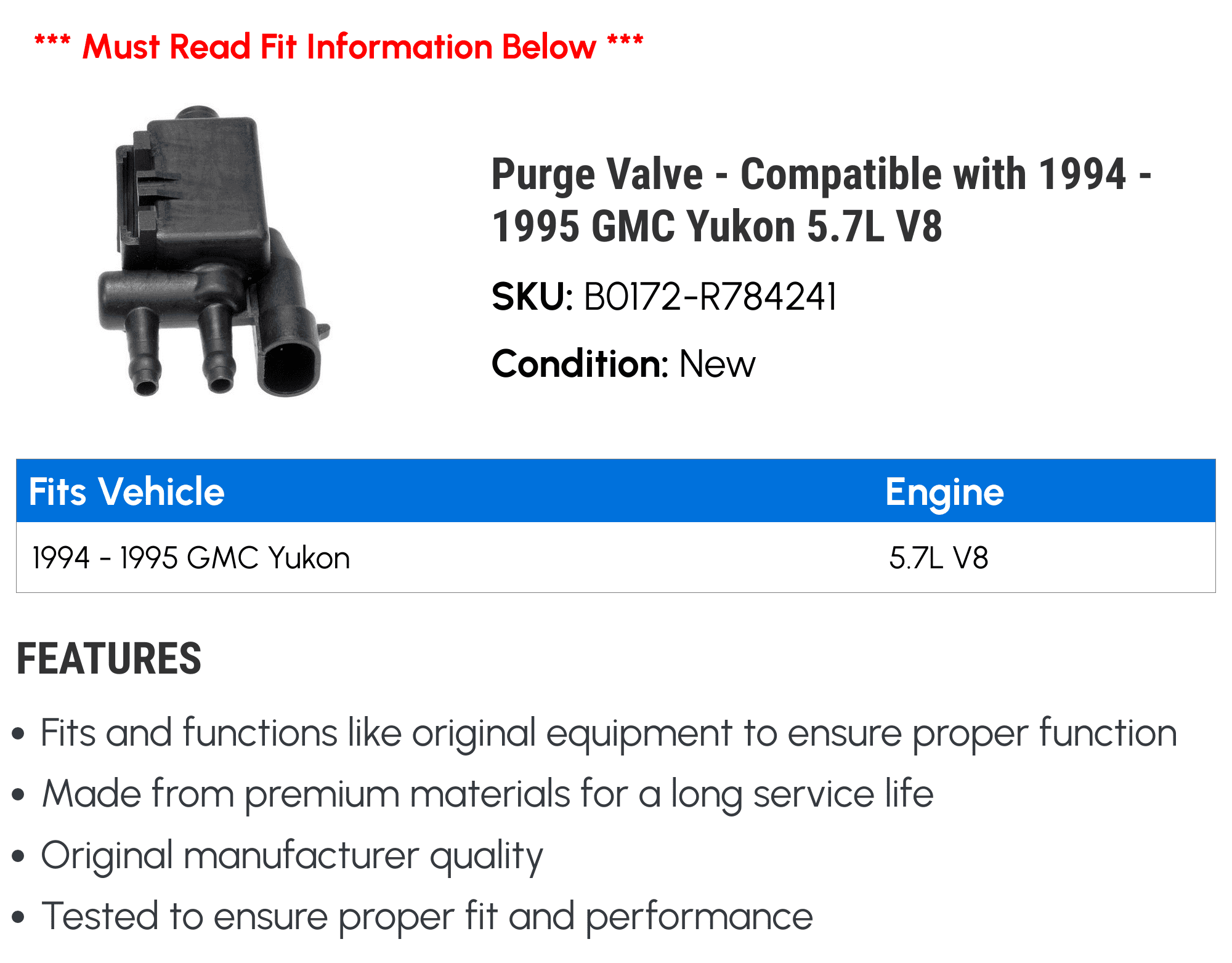 Purge Valve - Compatible with 1994 - 1995 GMC Yukon 5.7L V8 - Dorman