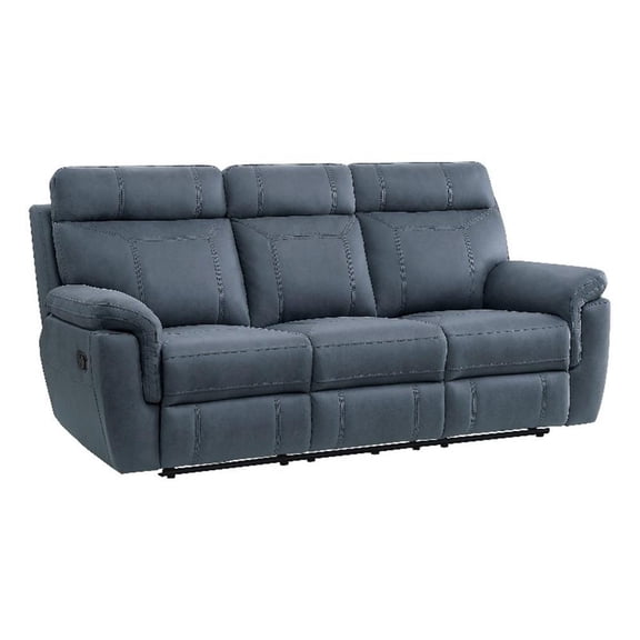 Cliff 85 Inch Manual Reclining Sofa- Blue Microfiber- Solid Wood- Metal
