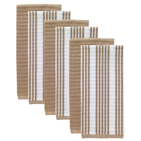 Solid and Stripe Waffle Kitchen Towel, Six Pack, Sand