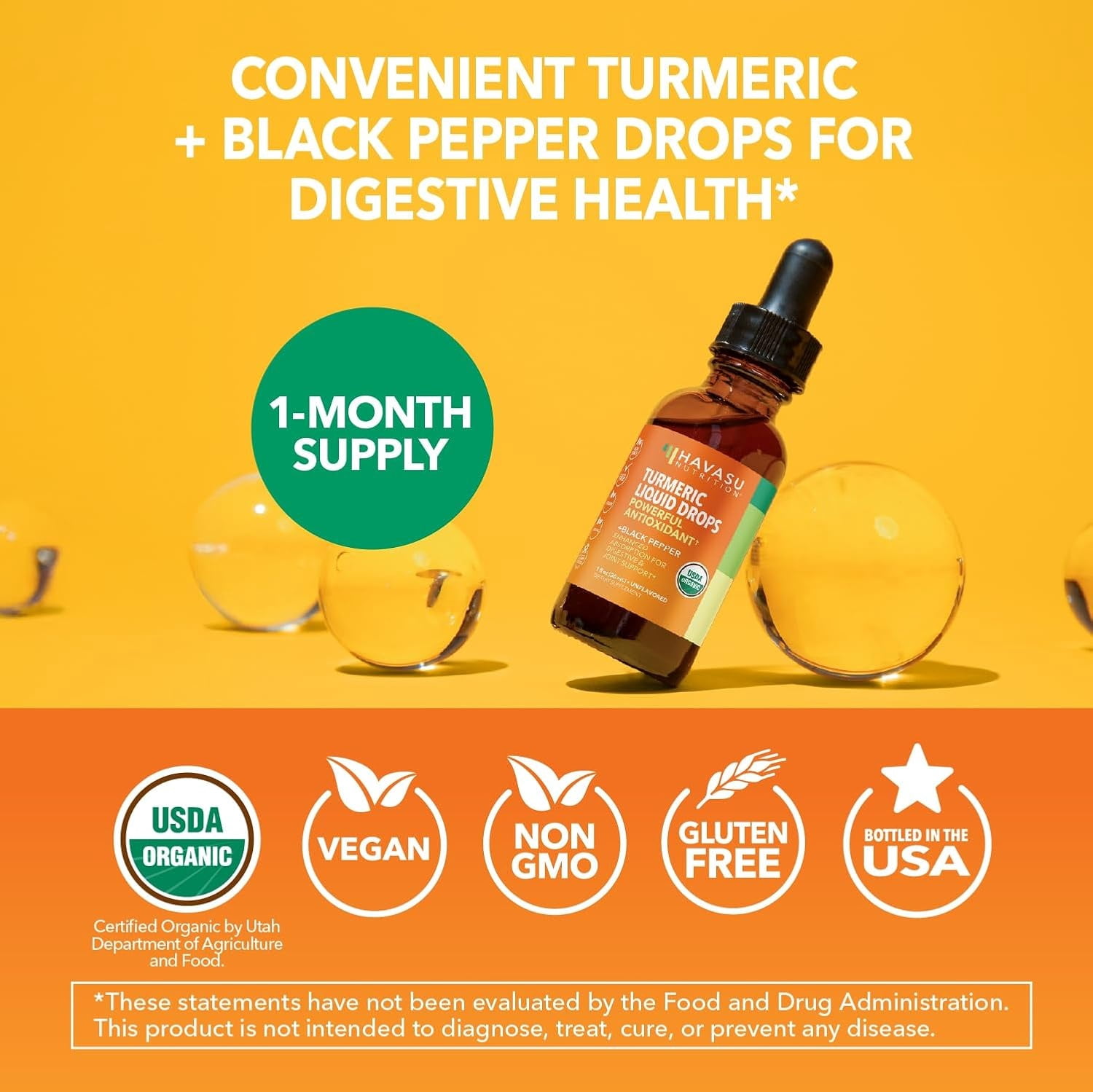 Havasu Nutrition Organic Turmeric Drops with Black Pepper, Digestive & Joint Support, 1 fl oz