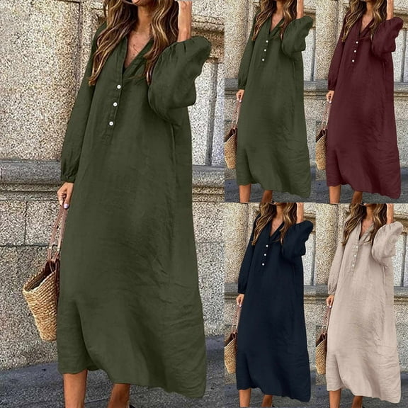 Jinhomg Womens Loose Summer Dresses Flowy Swing Cotton Linen Maxi Dress Casual Comfy Long Sleeve V-Neck Vacation Beach Dresses Army Green XXXL