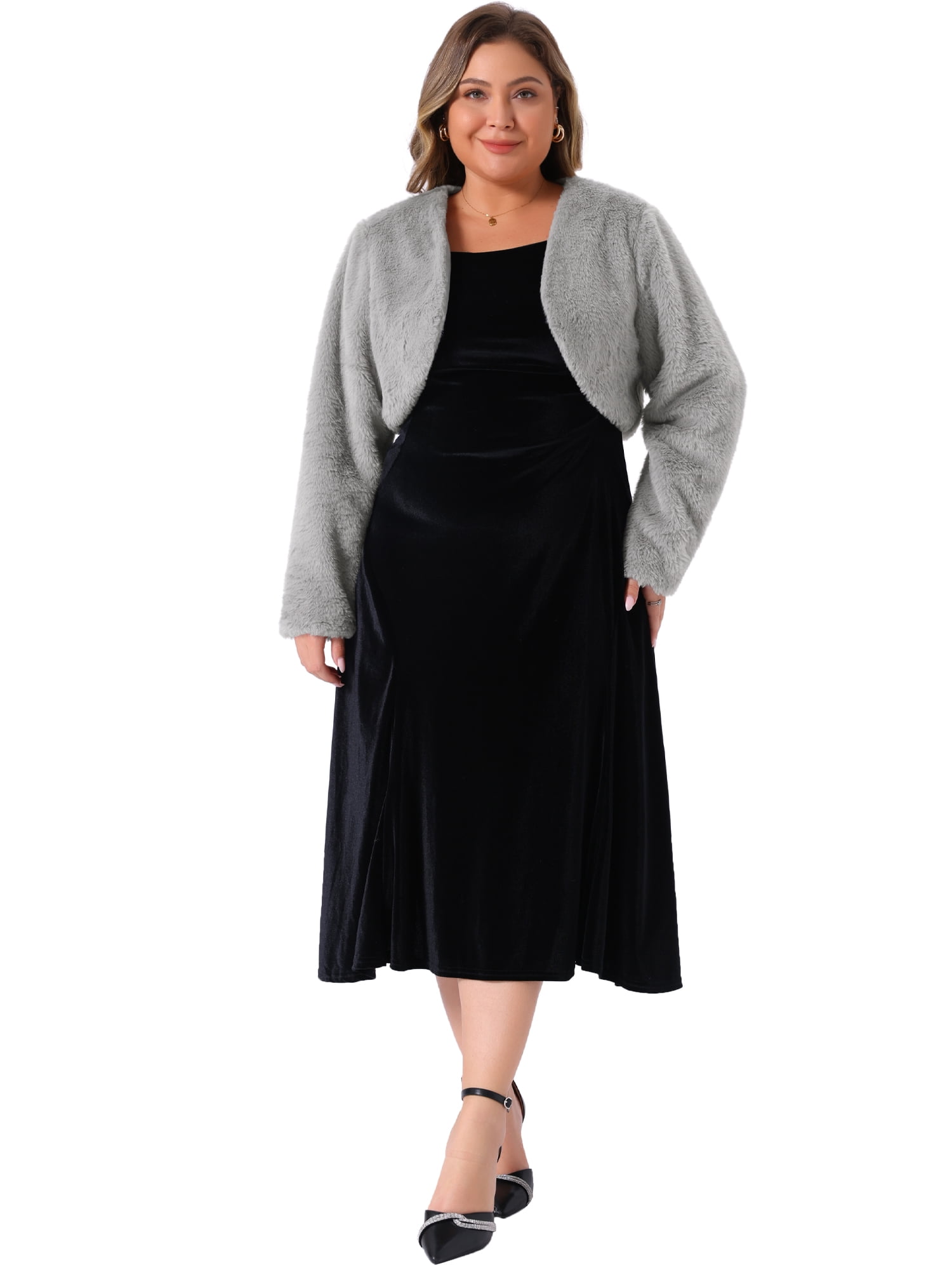 DARING DIVA Women's Plus Size Open Front Faux Fur Bolero Crop Jackets 2X Grey
