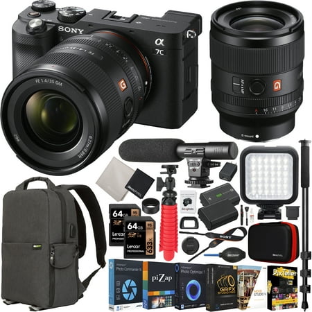 Sony a7C Mirrorless Full Frame Camera Body + Sony FE 35mm F1.4 GM G Master Lens SEL35F14GM Black ILCE7C/B Bundle with Deco Gear Photography Backpack Case + Microphone + LED + Monopod and Accessories