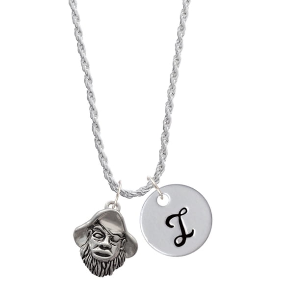 Delight Jewelry Silvertone Large Pirate - Mascot Silvertone Script Initial Disc - I - Charm Necklace, 20"+3"