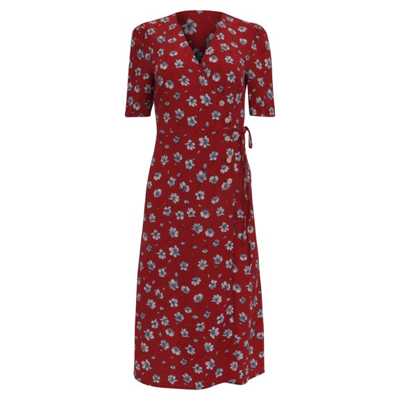 Pre-Owned Rouje Floral-Print Wrap Midi Dress in Red Viscose