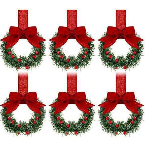 Vorkoi 6 Pcs Christmas Kitchen Cabinet Wreaths with Ribbon 3.94 Inch Mini Christmas Wreath Small Kitchen Xmas Decor for Window Door