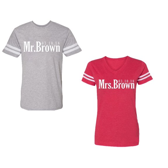 Mr. Mrs. Brown Unisex Couple Matching Cotton Jersey style T-Shirt Contrasting stripes on sleeves (Men Heather / Women Red) (Men S / Women XXL)