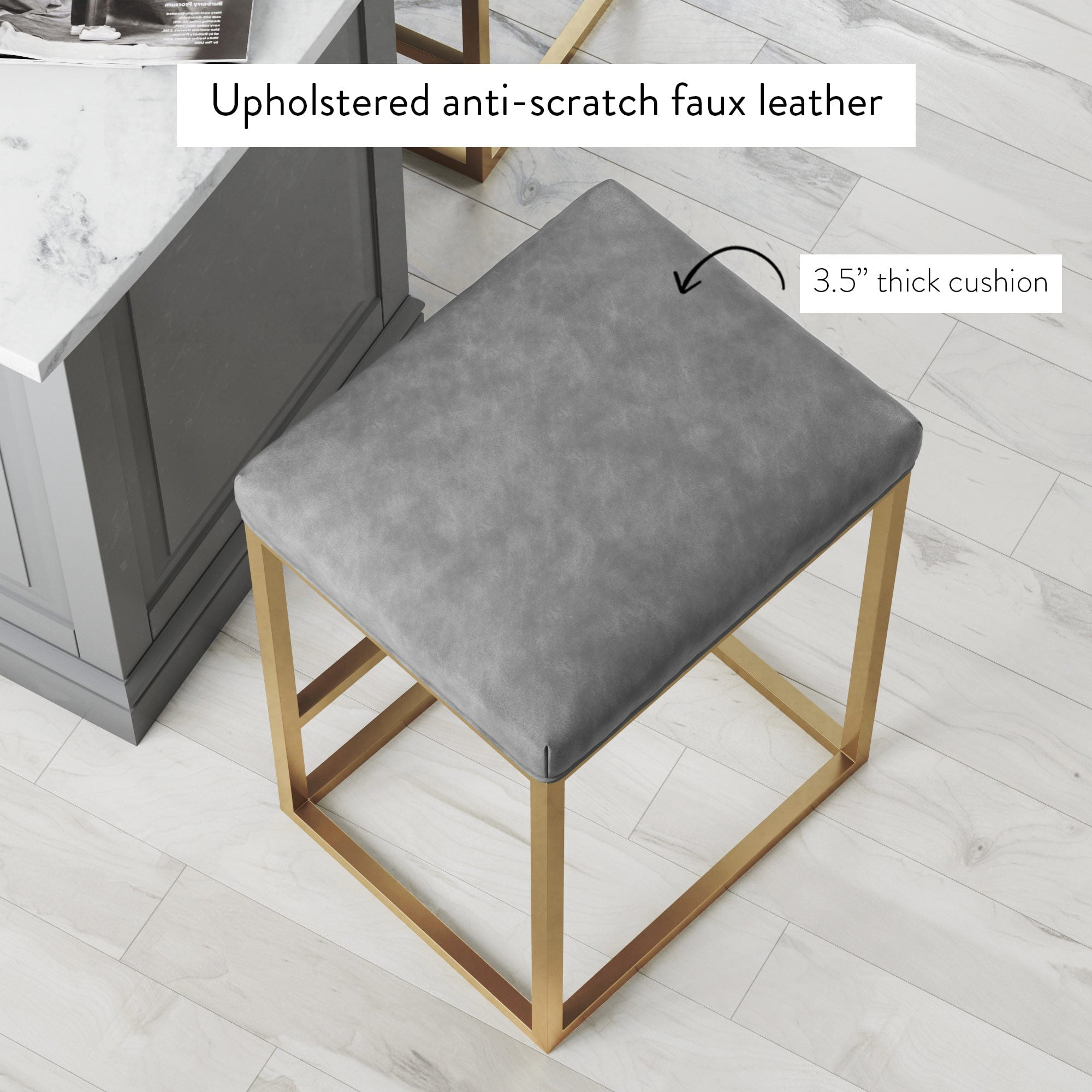 Nathan James Nelson Bar Stool with Leather Cushion and Metal Base, 24", Gray/Gold