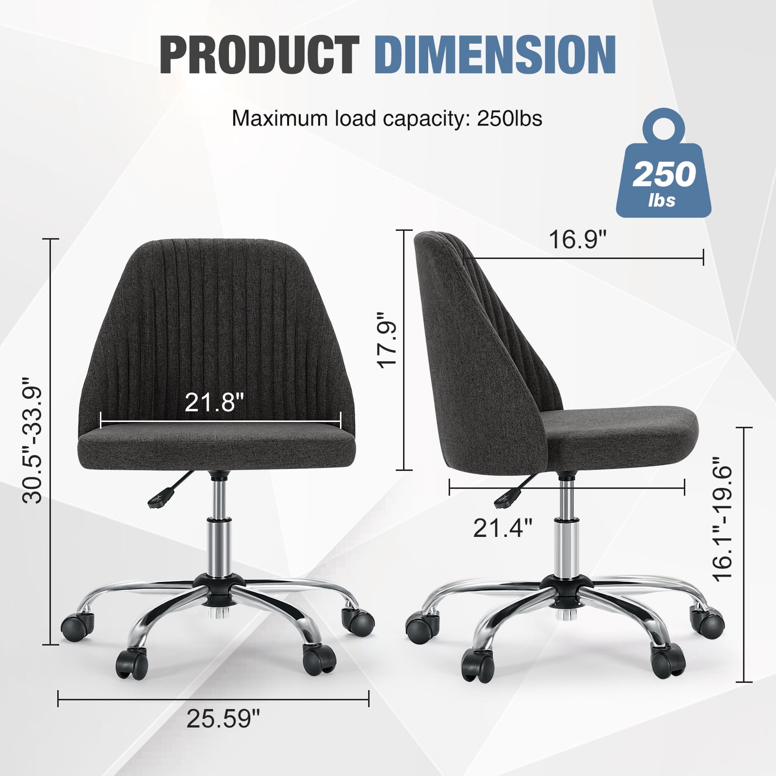 JOINSUN Armless Office Chair Modern Fabric Home Office Desk Chair, Adjustable Swivel Vanity Chair, Dark Gray