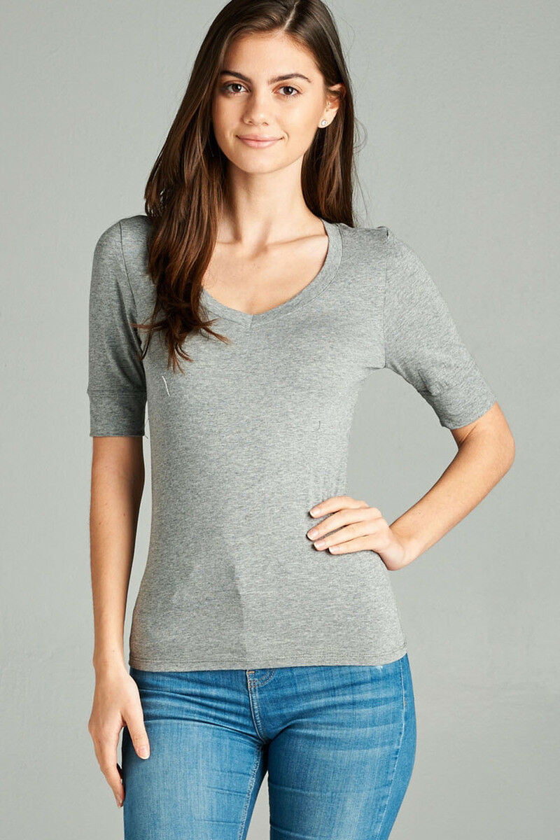 Women Basic V-NECK Elbow SHORT Sleeve T Shirt Top Cotton Stretch REG