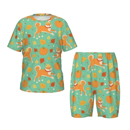 Luyuia Cute Shiba And Pumpkins Print Girls  2-Piece Tie-Dye Pajama Set  Cute Summer Loungewear with Shirt and Tank Shorts Nightwear-Small