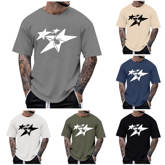 Rggeeun Mens T-Shirts Star Print Short Sleeve Crew Neck Loose Fit Soft Breathable for Summer Streetwear Cool Tee,Gray,Xxxl