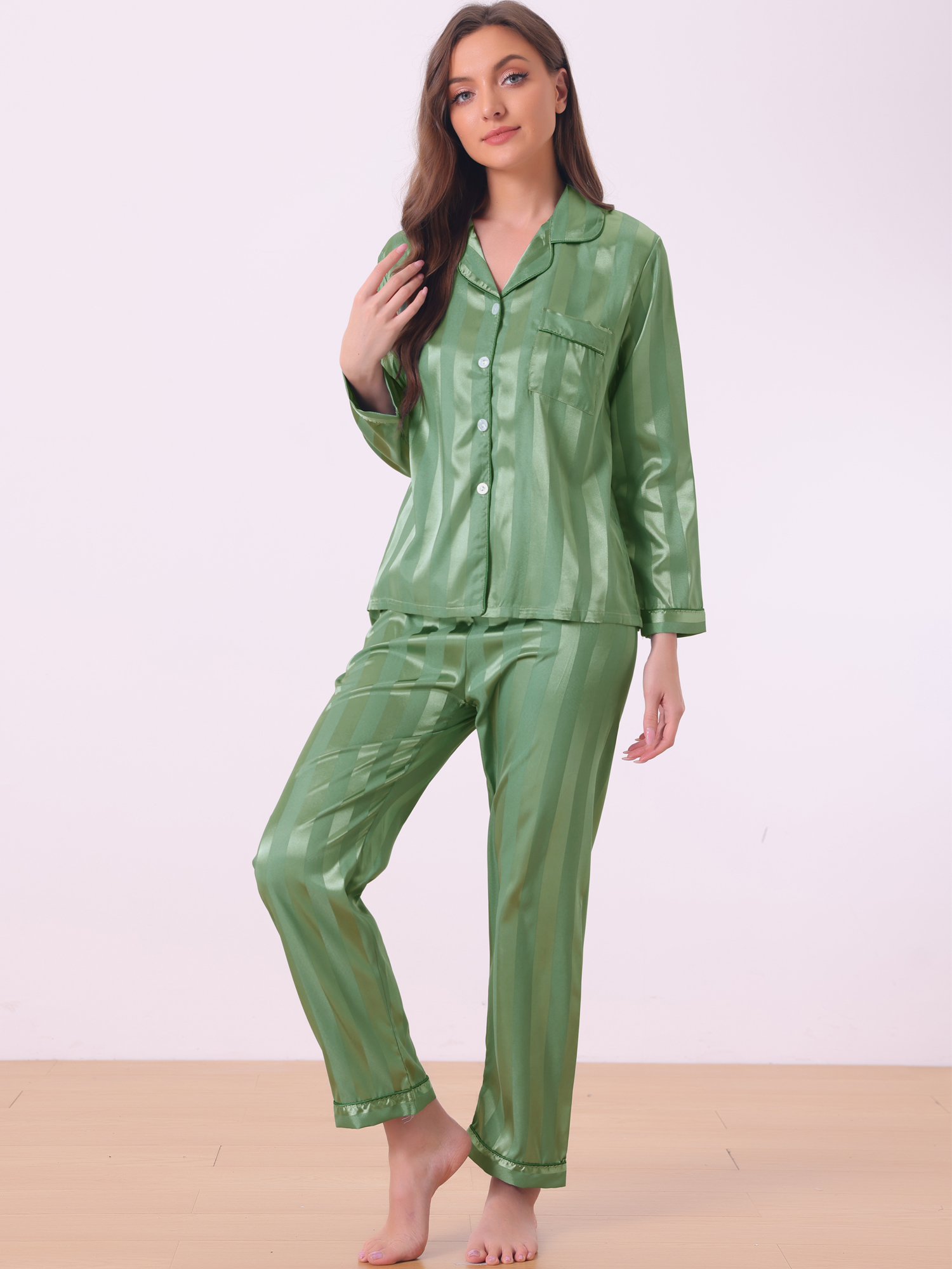 DARING DIVA Women's Satin Stripe Button Down Pajama Sets L Bright Green