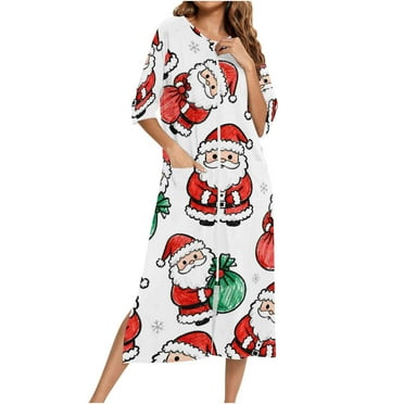 Lorytime Christmas Nightgowns for Women Santa Claus Zipper Bathrobes Crewneck 3/4 Sleeve Pajamas Raglan Sleepwear White M