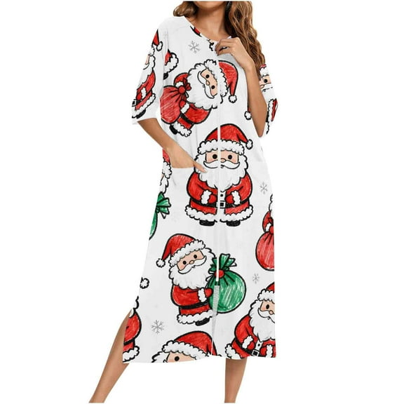 asdoklhq Robes for Women Christmas Print 3/4Sleeve Nightgown and Winter Nightdress Zip with Pokets Loose Pajamas White M