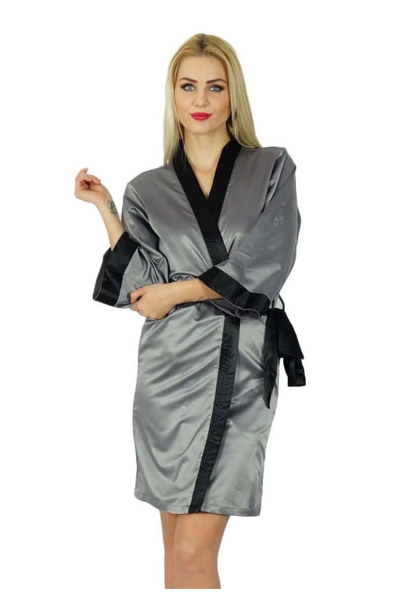 Women Short Classic Satin Robe Getting Ready Bride Bridesmaid Robes Kimono Sleeve Coverup