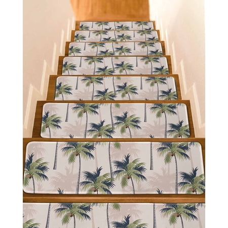 Palm Tree Stair Treads for Wooden Steps Indoor Runner Rug Carpet Tropical Coconut Botanical Summer Seaside 15 Pieces Peel and Stick Staircase Step Treads Covers Washable Throw Door Mats 30 x8
