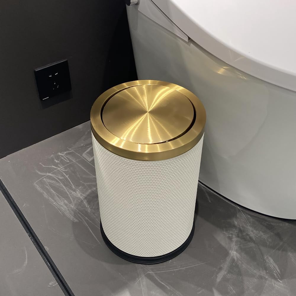 2.4 Gallon Bathroom Trash Can with Lid, Pu Leather Modern Garbage Can, Round Decorative Waste Basket, for Near Desk, Powder, Bedroom, Hotel, Office, Home