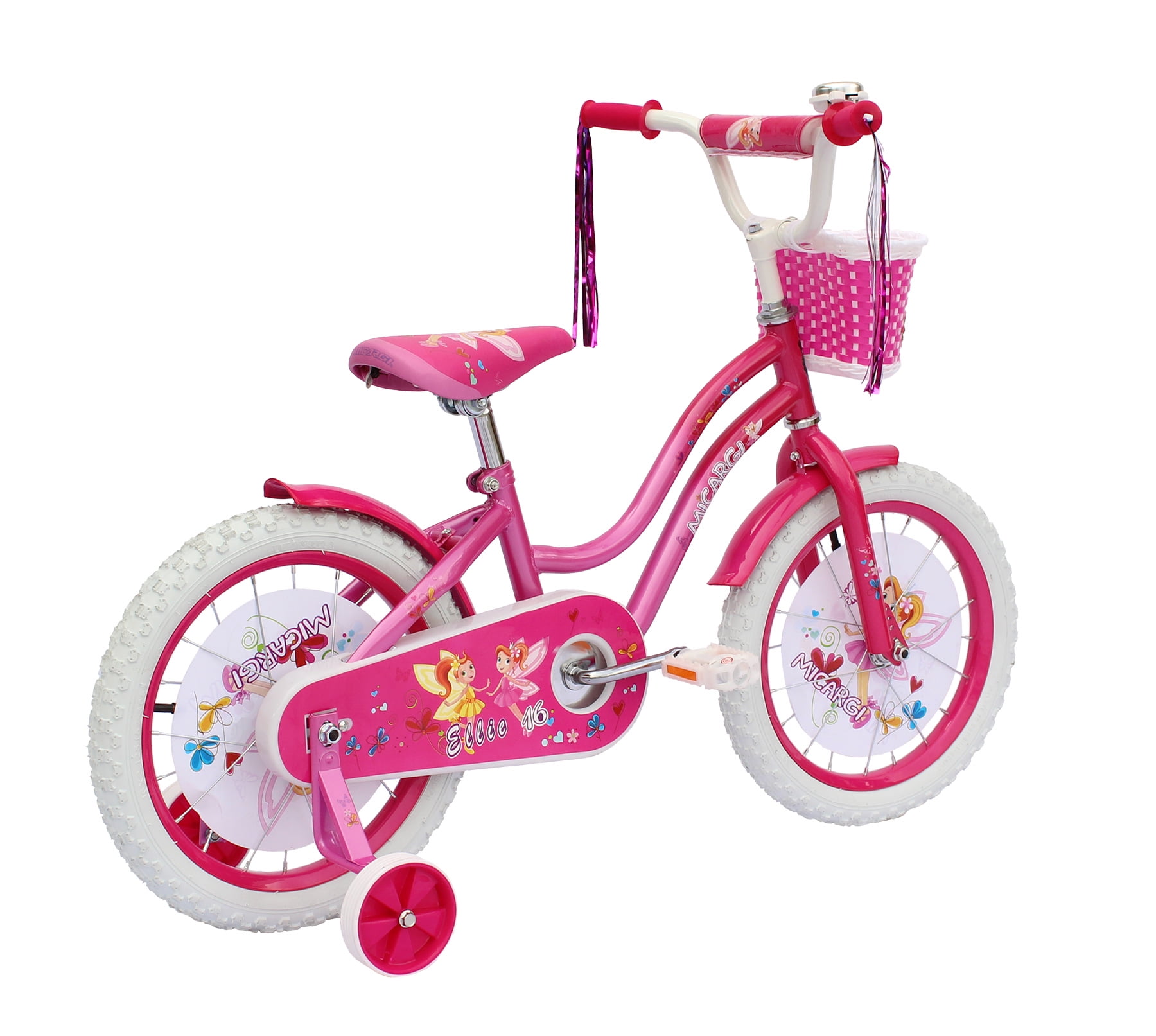 PlayWorld 16 In. Cruiser Steel Frame Bicycle Coaster Brake One Piece Crank, Full Cover Chain Guard with Basket, Fenders and Rims, White Tire Kid's Bike, Pink and Hot Pink