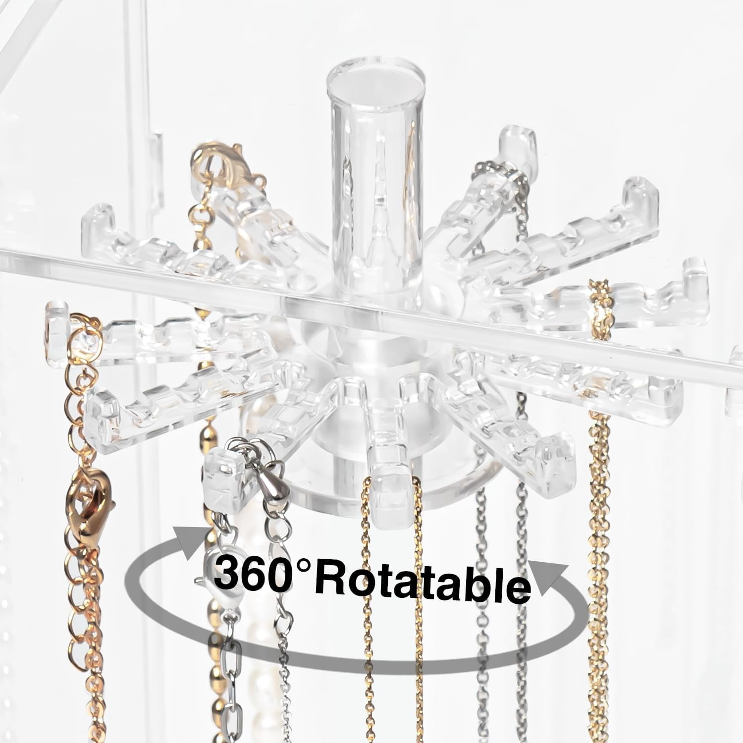 Acrylic Necklace Holder With 24 Rotating Hooks – Clear Jewelry Organizer With Velvet Tray & Magnetic Door